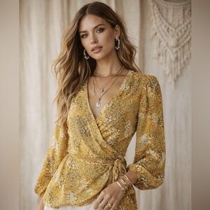 LOFT Harvest Yellow Floral Wrap Peplum Blouse Size S